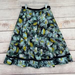 Monsoon Linen Silk Blend Floral Midi Skirt Women's Size 10 Black/Green/Yellow